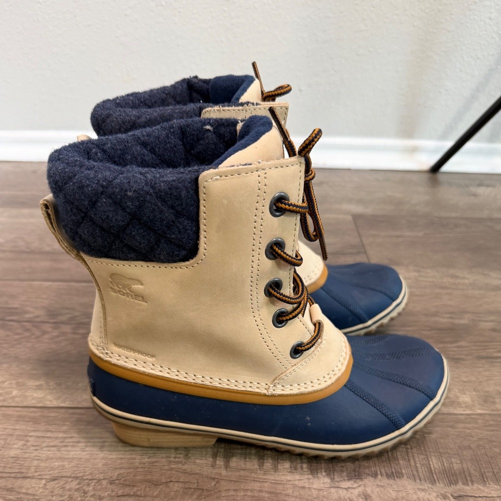 Sorel‎ Womens Slimpack Duck Boots Waterproof Winter Snow Beige Navy Size 9.5